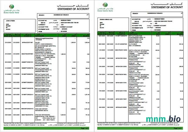 ZEA Dubai Islamski wyciąg bankowy słowo i szablon PDF, 3 strony